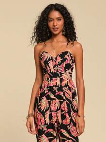 Travachic Vacation Casual Plant Print Bandeau Jumpsuit,Vacation Outfit,Suitable For Summer,Summer Outfits For Women,Summer , Summer Clothes,Women,Concert Outfit Women,Boho,Tropical Vacation