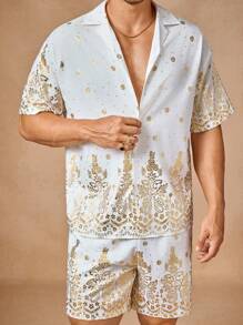 Manfinity ModaGents 2pcs Men Casual Lightweight Short Sleeve Open Front Shirt And Elastic Waist Loose Straight Shorts Set