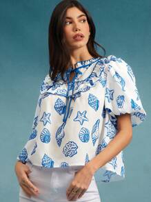 WESTFADE Top con volantes de manga corta y cuello con moño, estampado con patrón de conchas marinas, para vacaciones de primavera o playa de verano - Azul y blanco - Ver 5