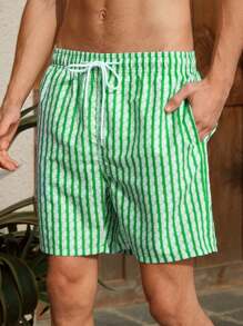 Manfinity Swimmode Men's Casual Striped Pocket Beach Shorts - Green - View 2