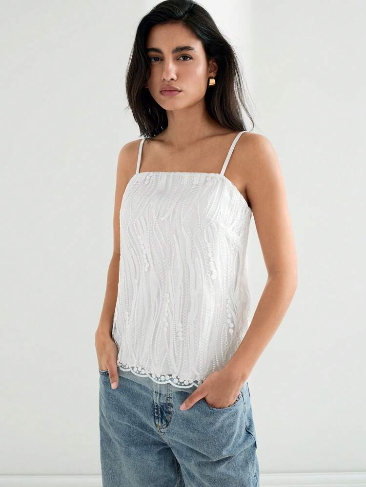 SHEIN Maija 2025 Summer New Lace Embroidery Tassel Cami Top, Simple Fashionable Versatile For Office, Daily, Beach, Party, Wedding, Graduation Day, Elegant Urban Vacation Resort For Women