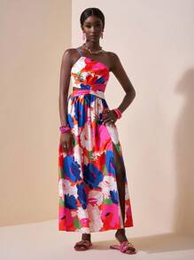 Slaydiva New Summer Casual Vacation Romantic Floral Cutout One Shoulder Waist Women Dress - Multicolor - View 7