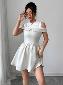 Elenzga Váy mini cổ bẻ 2 trong 1 thanh lịch dành cho nữ khi đi làm và đi nghỉ - Màu be - Xem 6