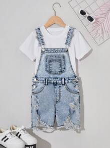 2pcs/Set Girls' Casual Ripped Distressed Denim Shorts With Suspenders, Comfortable Elastic& Soft, Street Style For Daily Wear, School, 2025 Spring Summer New Arrival All-Match Style Hot Item