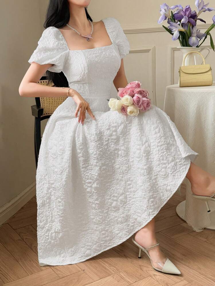 Women's Elegant Textured Large Floral Print Midi Party Dress, Spring/Summer Elegant Sundress