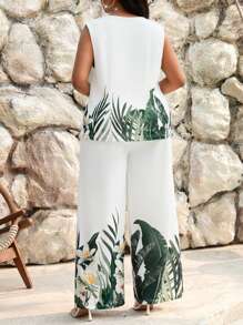 SHEIN Lady 春夏休闲优雅波西米亚风套装背心定位花绿色植物花卉印花白色裤子阔腿裤女士两件套度假装女士沙滩装女士海滩度假沙滩裙婚礼宾客礼服女士商务休闲女士秋冬舞会礼服 - 彩色 - 查看 2