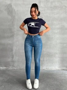 SHEIN Tall Women's 97% Cotton Washed Slant Pocket Slim Fit Jeans - Medium Wash - View 3