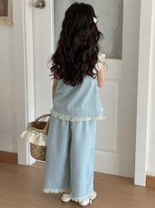 DAZY 年轻女孩秋装套装：无袖吊带+牛仔裤，春夏年轻女孩牛仔装 - 淺藍色 - 查看 5