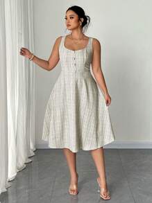 SHEIN Unity Plus Size Women Summer Elegant Faux Pearl Button Decorated Dress - Coffee Brown - View 3