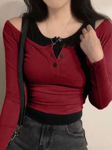 DAZY Women's Button Half-Placket Long Sleeve Casual Versatile Mock Layer T-Shirt Summer,Fall Clothes - Burgundy - View 2