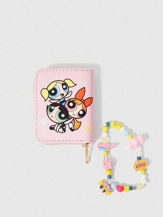 The Powerpuff Girls | ROMWE Billetera pequeña con lindo patrón de flores rosas, burbujas y botones de oro