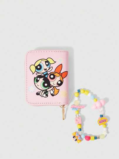 The Powerpuff Girls | ROMWE Petit portefeuille avec un motif mignon de fleurs de cerisier roses, de bulles et de renoncules