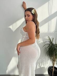 SHEIN Privé Plus Size U-Neck Hollow-Out Floral Decor Sleeveless Beach Cover-Up Dress, Sexy & Slim Fit, Suitable For Vacation, Spring/Summer - White - View 3