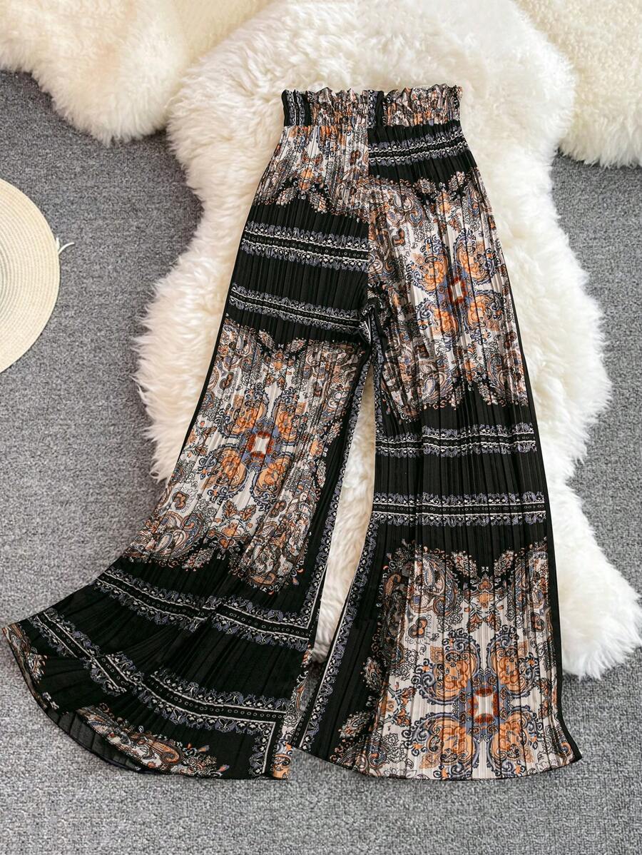 Breezaya 女士优雅度假风复古印花阔腿裤 - 彩色 - 查看 1