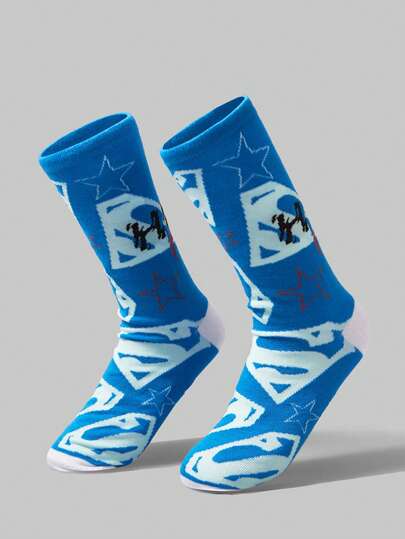 SUPERMAN X ROMWE 1 Pair Geometric Print Intarsia Mid-Calf Socks, & Cute Design, Comfortable & Breathable, Suitable For Couples, School, Everyday, Sports, Holiday, Halloween