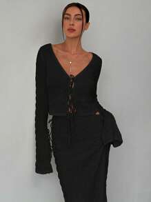 Aloruh Women's Autumn/Winter New Arrival Sexy Fashionable Front Tie Top And Low-Waisted Ruched Texture Long Skirt 2 Pieces Set