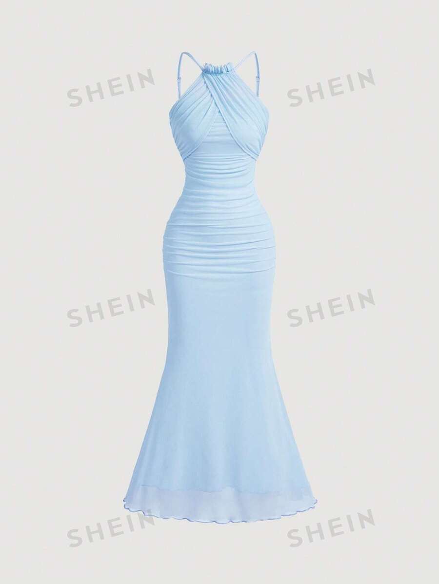 SHEIN MOD Vestido largo con cuello de halter y bajo de cola de pez, color azul claro, vestido de graduación, vestidos de otoño