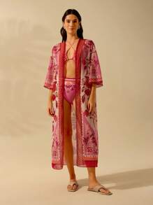 CAJUNI Women's Boho Tropical Print Vacation Casual Summer Beach Cover Up Kimono, Holiday, Vacation Woman, Festival, Country Concert