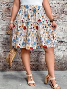 Breezaya Women Plus Size High Waist Streamlined Floral Print Ruffle Hem Skirt