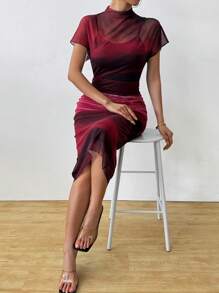 SHEIN Clasi 透视立领扎染网眼布印花连衣裙长款女装 - 彩色 - 查看 3