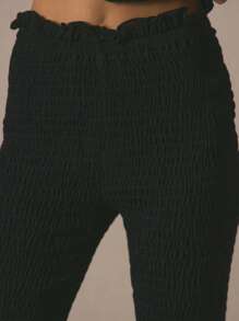 MUSERA Low Rise Ruffle Hem Smocked Fitted Capri Pants 90's Summer Cute Vacation Al Fresco Fall Autumn Winter - Black - View 5
