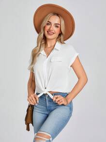 Wildy Knotted Self-Tie Button-Front Shirt,Short Sleeve Tops