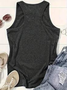 INAWLY Letter Print Grey Round Neck Casual Tank Top, Summer