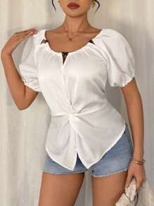 Chiquease Women's Drawstring Ruffled Round Neck Puff Sleeve Satin Shirt - White - View 4