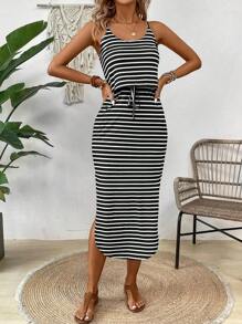 Breezaya Women's Summer Casual Spaghetti Strap Dress With Tie Waist, Side Split Hem Maxi Women Outfit