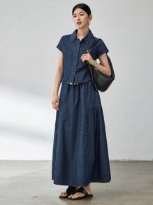 Dazy-Less 2 pièces/Set Costume en jean style patchwork évasé pour femmes
