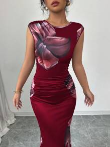 Elenzga Vestido de verano elegante y sencillo con cuello redondo, sin mangas y estampado floral para mujeres - Rojo - Ver 6