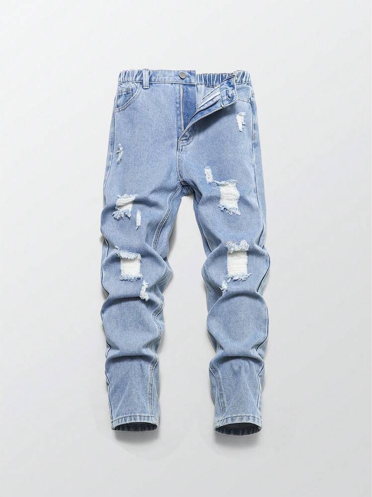 Tween Boy Casual Distressed Ripped Design Straight & Tapered Leg Jeans, Versatile Street Style For School, Daily Wear, Suitable For Spring/Summer 2025 - Medium Wash - View 1