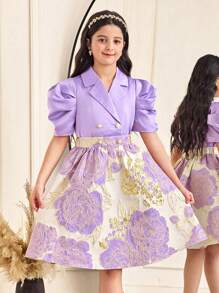 SHEIN Tween Girls 2 件套优雅提花衬衫和裙子套装