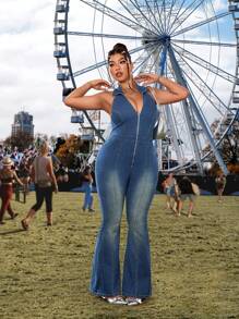 SHEIN ICON Y2K Retro Plus Size Open Back Halter Neck Fitted Flared Denim Jumpsuit Tropical Vacation Woman Clothes Solid Color Simple Sleeveless Denim Jumpsuit For Daily Wear