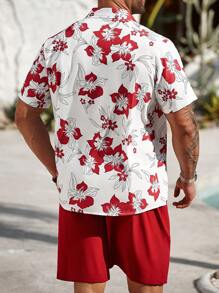 Manfinity Homme Plus Size Men's Floral Print Short Sleeve Shirt And Shorts Set, Vacation Style - Red - View 2