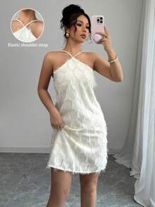 Elenzga Vestido corto slip con plumas en color beige para mujeres - Beis - Ver 1