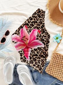 Soleia 女士不对称下摆豹纹百合与芙蓉印花不对称领口休闲上衣，春夏假日风格