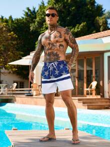 Surfspeed Men's Contrast Striped & Star Print Drawstring Waist Beach Shorts - Blue and White - View 4