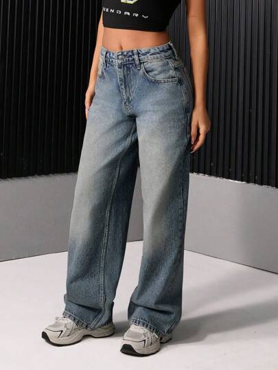 EURMUSE Schuine zakken, lage taille, losse rechte pijpen jeans