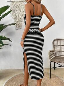 Breezaya Women's Summer Casual Spaghetti Strap Dress With Tie Waist, Side Split Hem Maxi Women Outfit