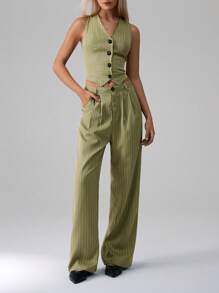 TRNVIE Striped Single Breasted Fitted Suit Vest And Suit Pants Set - Green - View 3