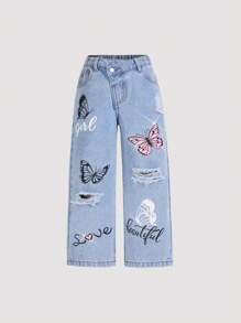 SHEIN Young Girls Jeans - Distressed Light Wash Blue Denim Jeans With Butterfly Print, Rhinestone Decor And Elastic Waist, Loose Fit Wide Leg - Light Wash - View 3