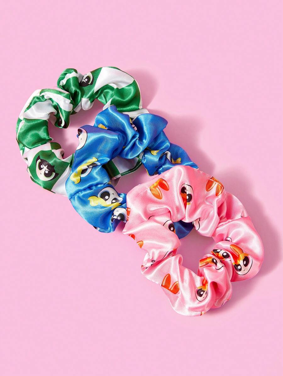 THE POWERPUFF GIRLS X SHEIN 3 件超大可爱卡通人物和棋盘格图案发圈，时尚休闲发饰发圈发圈