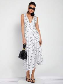 COSMINA Women's Elegant Polka Dot Midi Dress For Vacation, Commute And Daily Wear, Spring/Summer