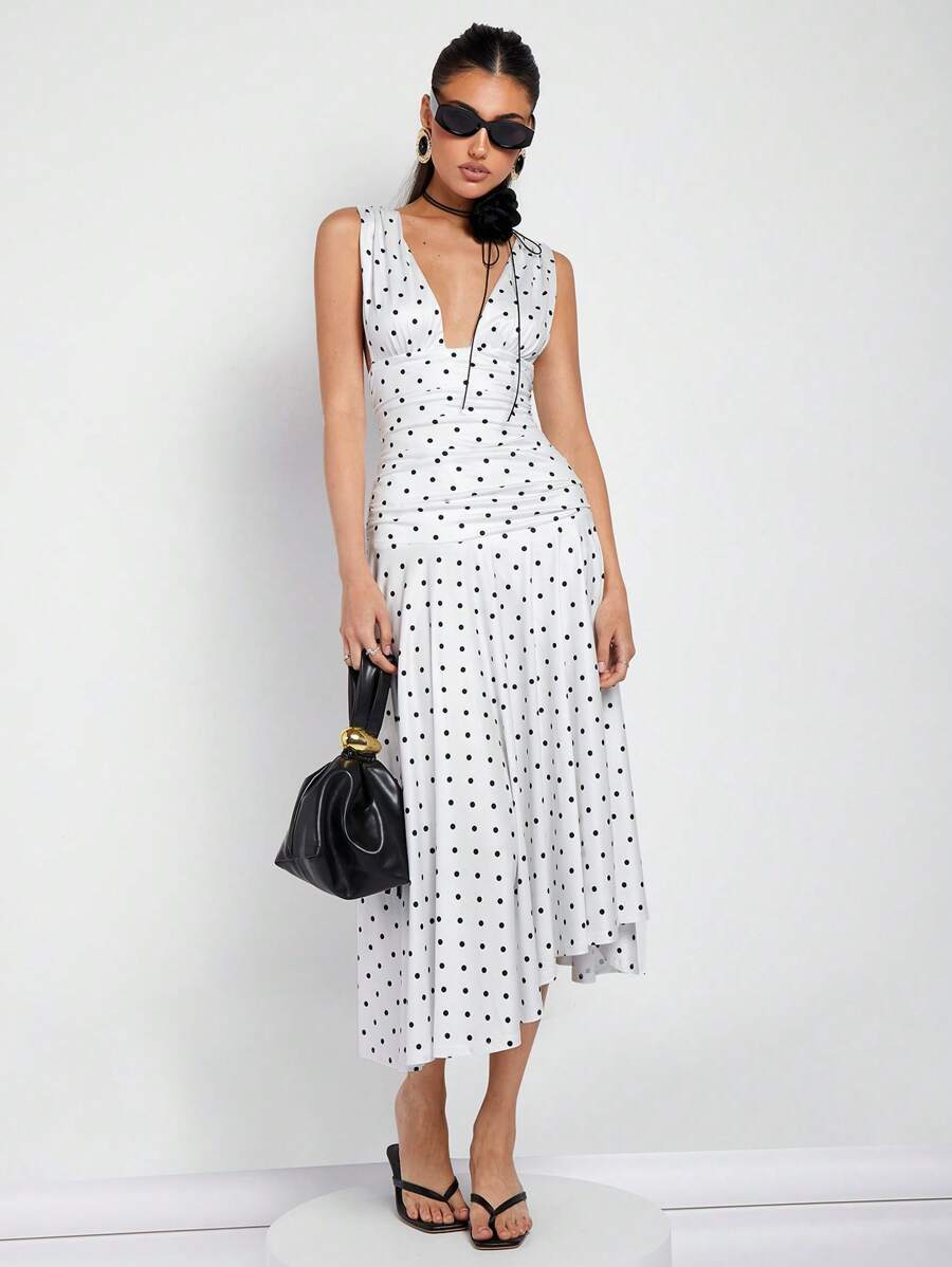 COSMINA Women's Elegant Polka Dot Midi Dress For Vacation, Commute And Daily Wear, Spring/Summer