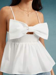 WESTFADE Spring Poplin Cute Bow Front Smocked Waist Ruffle Peplum Cami Babydoll Top Summer Beach Vacation Easter Break - White - View 2