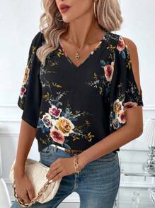 SHEIN Clasi Women V-Neck Floral Print Ruffle Sleeve Slit Front Blouse - Black - View 4