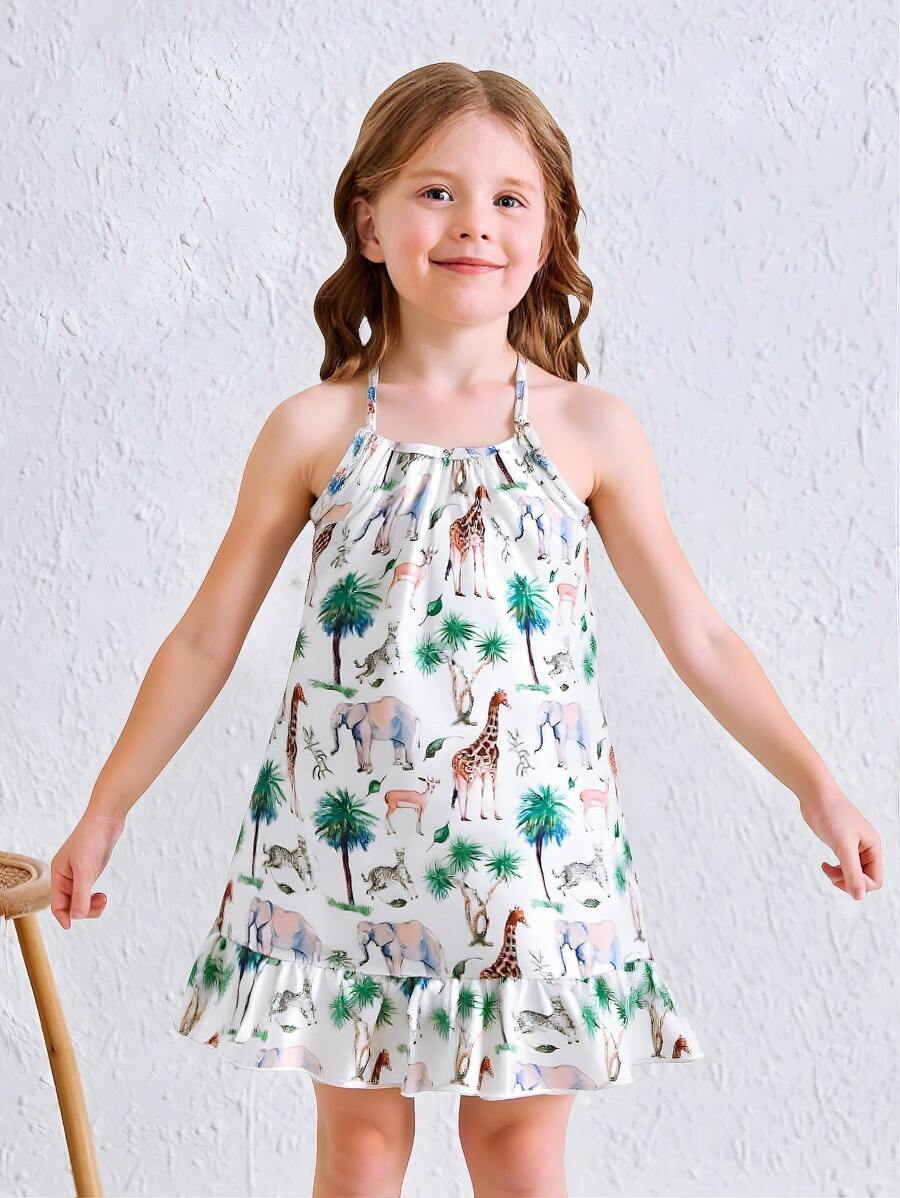 女童无袖 A 字短款花卉印花休闲吊带背心连衣裙，夏季 - 綠色 - 查看 1