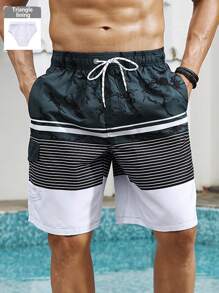 Surfspeed Men's Contrast Stripe Print Drawstring Waist Beach Shorts  Men Swim Trunks - Dark Green - View 2