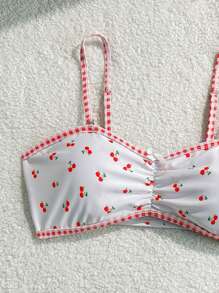 SHEIN 少女夏季假期海滩甜美/可爱图案泳装套装，包括方格、樱桃、蝴蝶结、粉色图案